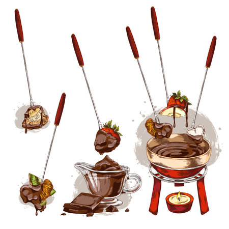 Berries and pieces of fruit with melted dark chocolate on skewer hand drawn vector set, candle with fondue bowl sketchのイラスト素材