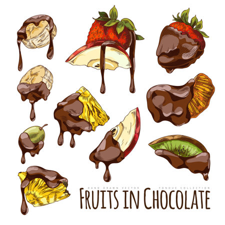 Berries and pieces of fruit with melted dark chocolate on the skewer hand drawn vector set, ingredient for fondue sketchのイラスト素材