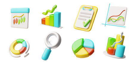 3D vector set, with different shaped graphs, magnifying glass, checklist. Financial analysis.のイラスト素材