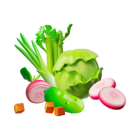 3d vector set of healthy vegetables, cabbage, cucumber, spinach, onion, radish, carrot cubes.のイラスト素材