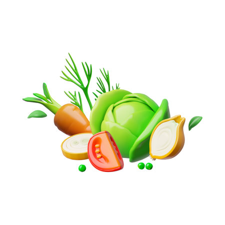 3D vector illustration of whole and sliced vegetables, cabbage, onion, carrot, tomato, dill.のイラスト素材