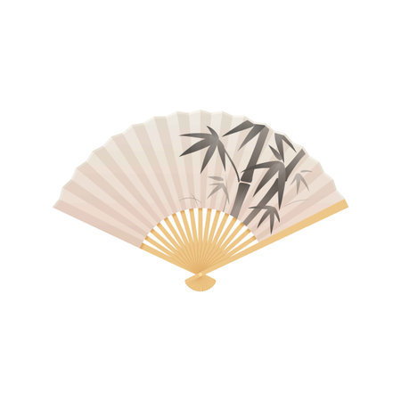 Vintage Japanese and Chinese folding hand fan decorated bamboo leaves vector icon, open wooden and paper accessoryのイラスト素材