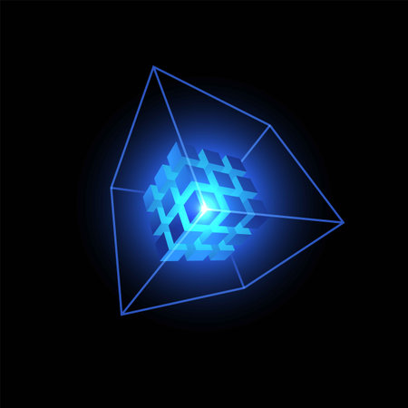 Energy cube blocks vector design, shiny blue neon cubic from square grid and lines, digital cyber matrix box, networkのイラスト素材