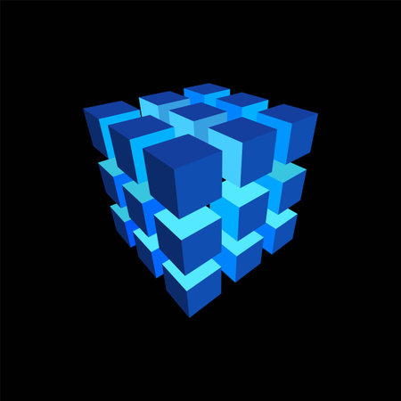 Blue cube from square grid, energy blocks vector design, geometric puzzle, isometric cubic, data box matrix, HUD elementのイラスト素材