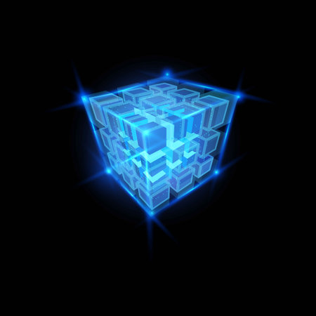 Energy cube blocks vector design, shining blue neon square grid shape, high tech technology, digital cyber matrix boxのイラスト素材