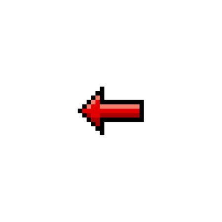 Red arrow black outline, vector pixeled left side direction pointer, retro back button, previous cursor UIUX interfaceのイラスト素材