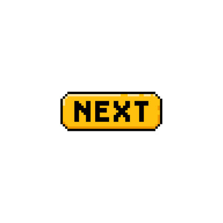 UI UX game user software interface pixel vector icon, retro forward sign navigation, yellow button block with NEXT textのイラスト素材