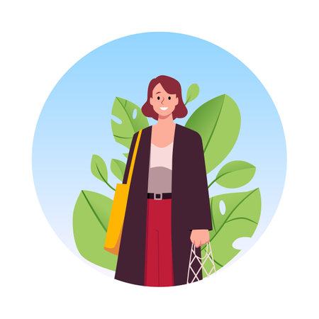 Woman with biodegradable bags on green leaves background, Zero waste, ECO lifestyle, vector flat reduce, reuse, recycleのイラスト素材