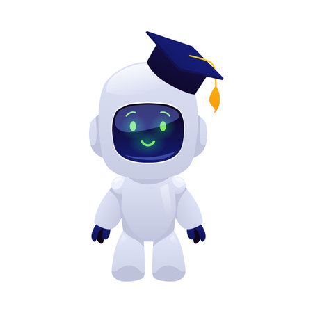 Chat bot robot with graduate cap, cute AI assistance machine vector flat icon, online education, distance studyingのイラスト素材