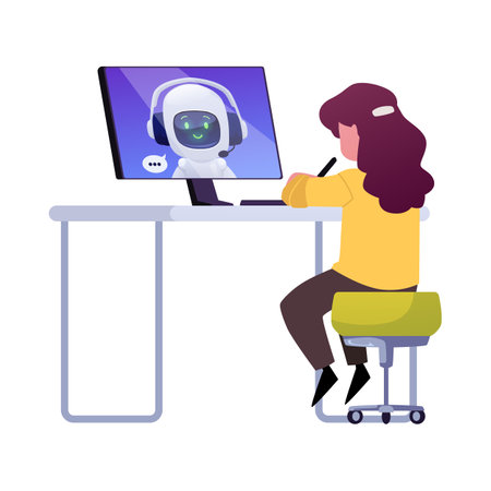 Schoolgirl studying with chat bot, digital education online ai robotic assistance on computer screen vector illustrationのイラスト素材