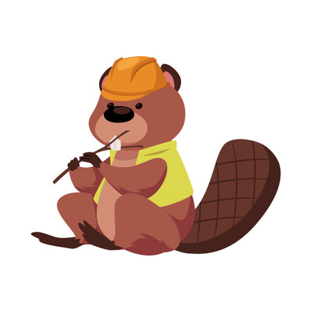 Cute beaver in a construction hat and vest, sitting and gnawing on a branch.のイラスト素材