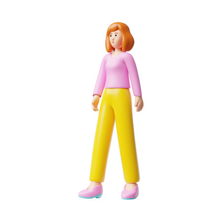 Beautiful young woman goes, walks 3D plastic style, cartoon smiling lady, vector female character portrait full lengthのイラスト素材