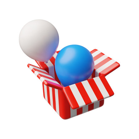 Realistic white and blue inflated balloons fly out from red stripes box, 3d vector American Independence day celebrationのイラスト素材