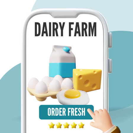 Dairy farm shopping, order fresh food delivery service on smartphone, 3D vector online order of milk, cheese and eggsのイラスト素材