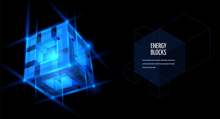 Energy blocks vector design, big data blue cube high tech technology, Artificial Intelligence HUD, digital energy boxのイラスト素材