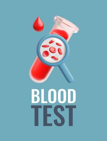 3D poster with blood test tube and magnifying glass with erythrocytes on blue background.のイラスト素材