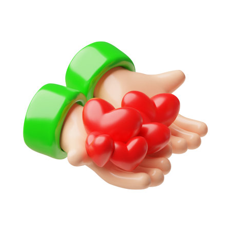 3D hand holding red hearts on palms. Charity, volunteering, social help theme.のイラスト素材