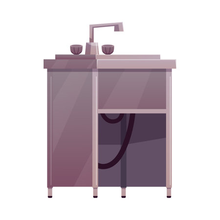 Steel sink, vector flat metallic household or restaurant kitchen hygiene appliance, stainless washbasin with faucetのイラスト素材
