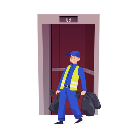 Man worker in uniform exits elevator with trash bags vector flat illustration isolated, metallic grey lift sliding doorsのイラスト素材