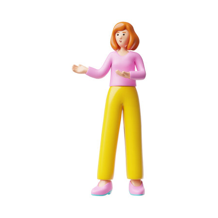 3D female character, full-length figure in yellow pants, smiling and with outstretched arms.