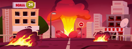 Bomb blast in city, buildings and roads are burning and destroyed, abandoned flaming cityscape vector flat illustrationのイラスト素材