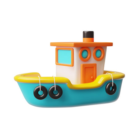 3D vector illustration of boat with orange and blue cabin, with lifebuoys hanging from the side.のイラスト素材