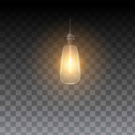 Light bulb warm light glowing, ceiling lamp switch on, realistic hanging illumination shape overlay effect vector designのイラスト素材