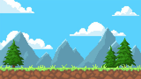 Pixel art game background with ground, mountains, fir trees, clouds on blue sky, vector 8bit video game nature landscapeのイラスト素材