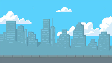 Pixel art cityscape game background, vector silhouettes of buildings and skyscrapers scene for 8 bit arcade video gamesのイラスト素材