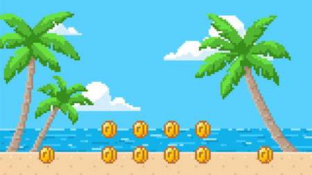 Pixel art game background with sea beach, palm trees, vector ocean horizon summer day scene with coins 8 bit videogameのイラスト素材