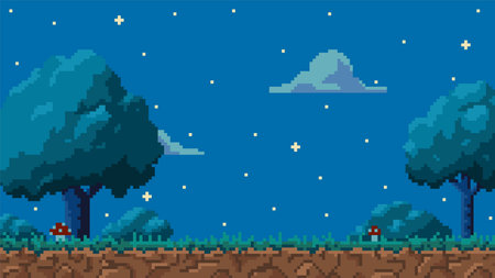 Pixel art game background with ground, grass, trees, fly agaric and starry sky, vector 8 bit video game dark landscapeのイラスト素材