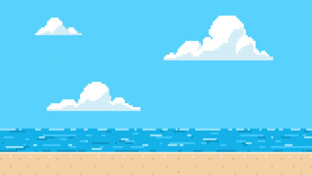 Pixel art game background with sea beach and clouds on blue sky, vector ocean horizon summer day scene 8 bit video gameのイラスト素材