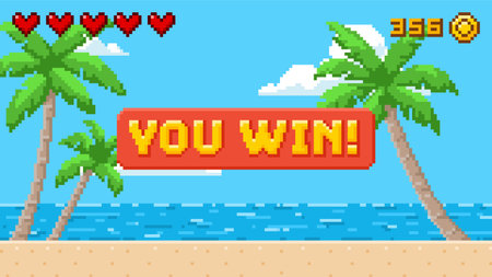 Pixel art game background with sea beach and You win message, vector ocean horizon summer day videogame coins and heartのイラスト素材