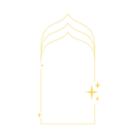 Ramadan arch frame, Boho line art, Islamic golden outline border with sparkle stars, oriental thin lines vector designのイラスト素材
