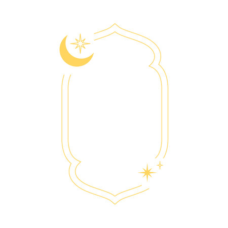 Minimalist Boho double line art arch vector border, traditional Ramadan Islamic golden outline shape with crescent starsのイラスト素材
