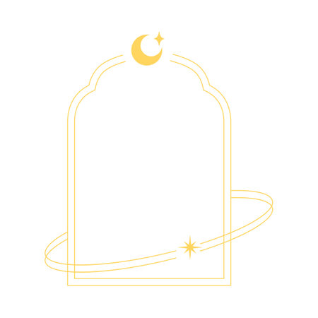 Traditional Islamic Ramadan golden decorative arch frame with rings, crescent and stars, vector line art oriental styleのイラスト素材