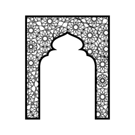 Traditional Islamic gate shape with beautiful Arabic arabesque pattern oriental style, vector black Ramadan arch frameのイラスト素材