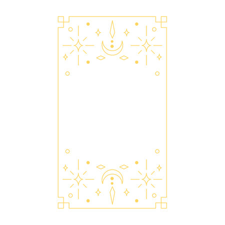 Celestial ornament, tarot vector design, gold Boho line art rectangular frame, thin line crescent moon and sparkle starsのイラスト素材