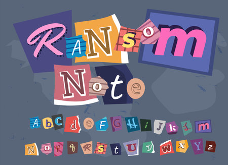 Ransom Alphabet vector font, cut paper note letters various style font for anonymous note, typography type from magazineのイラスト素材
