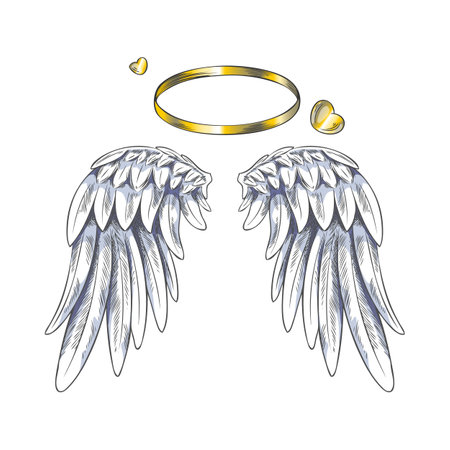 Angel wings with gold ring and heart vector sketch, pair of heraldic wings bird winged feathers with nimbus love symbolのイラスト素材