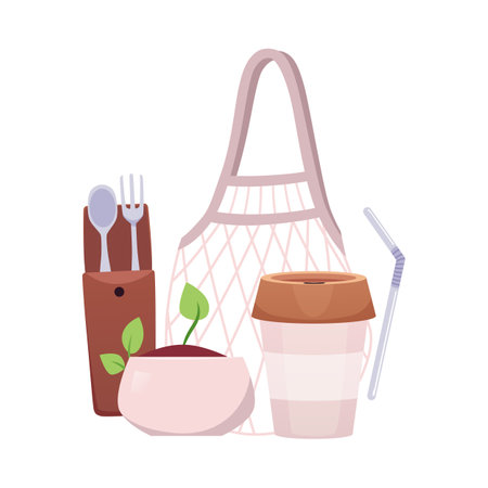 Grow plants, use eco bag, cup, cutlery and other reusable stuff, ECO sustainable lifestyle vector flat illustrationのイラスト素材