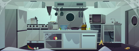 Abandoned restaurant kitchen interior with damaged stainless equipment and furniture cartoon vector flat illustrationのイラスト素材