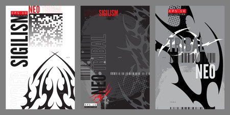 Vector set of posters in neo-tribal and cyber sigilism style.のイラスト素材