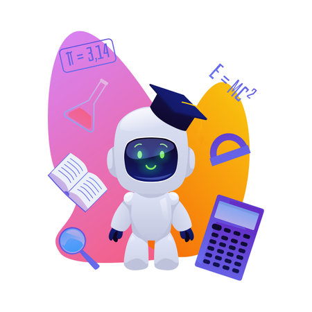 Chat bot robot with graduate cap, cute AI assistance machine on decorative background with school supplies flat vectorのイラスト素材