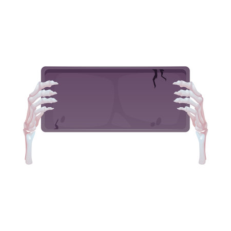Creepy zombie skeleton hands show a sign board, vector cartoon dead human bones limbs presentation stone plank bannerのイラスト素材