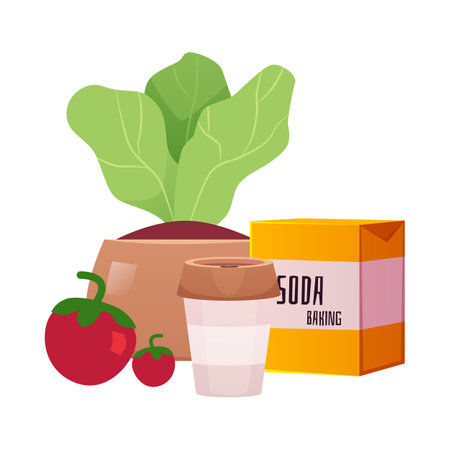 Grow plants and vegetables, use eco cup and baking soda, ECO sustainable lifestyle, reduce, reuse recycle vector conceptのイラスト素材
