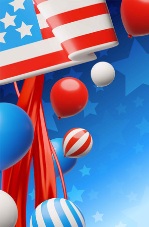 American happy Independence day vector 3D festive background poster design, USA flag, balloons and fireworks, starsのイラスト素材
