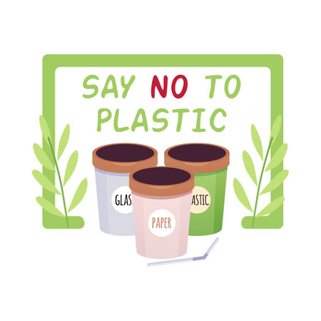 Say no to plastic vector flat design, reusable containers with glass, paper and plastic sorting labels, ECO lifestyleのイラスト素材