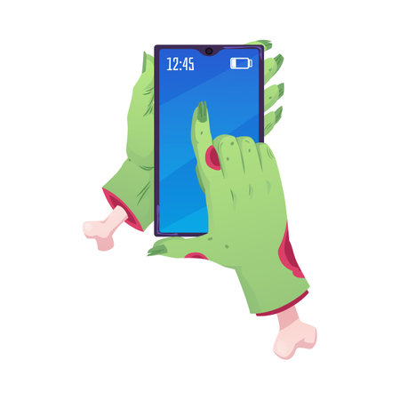 Decaying zombie hands holding smartphone and touching screen, vector illustration.のイラスト素材
