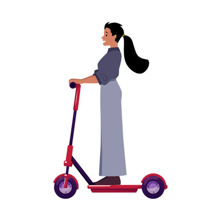 Active young woman riding electric walk scooter, vector cartoon female character driving ecological urban transportのイラスト素材